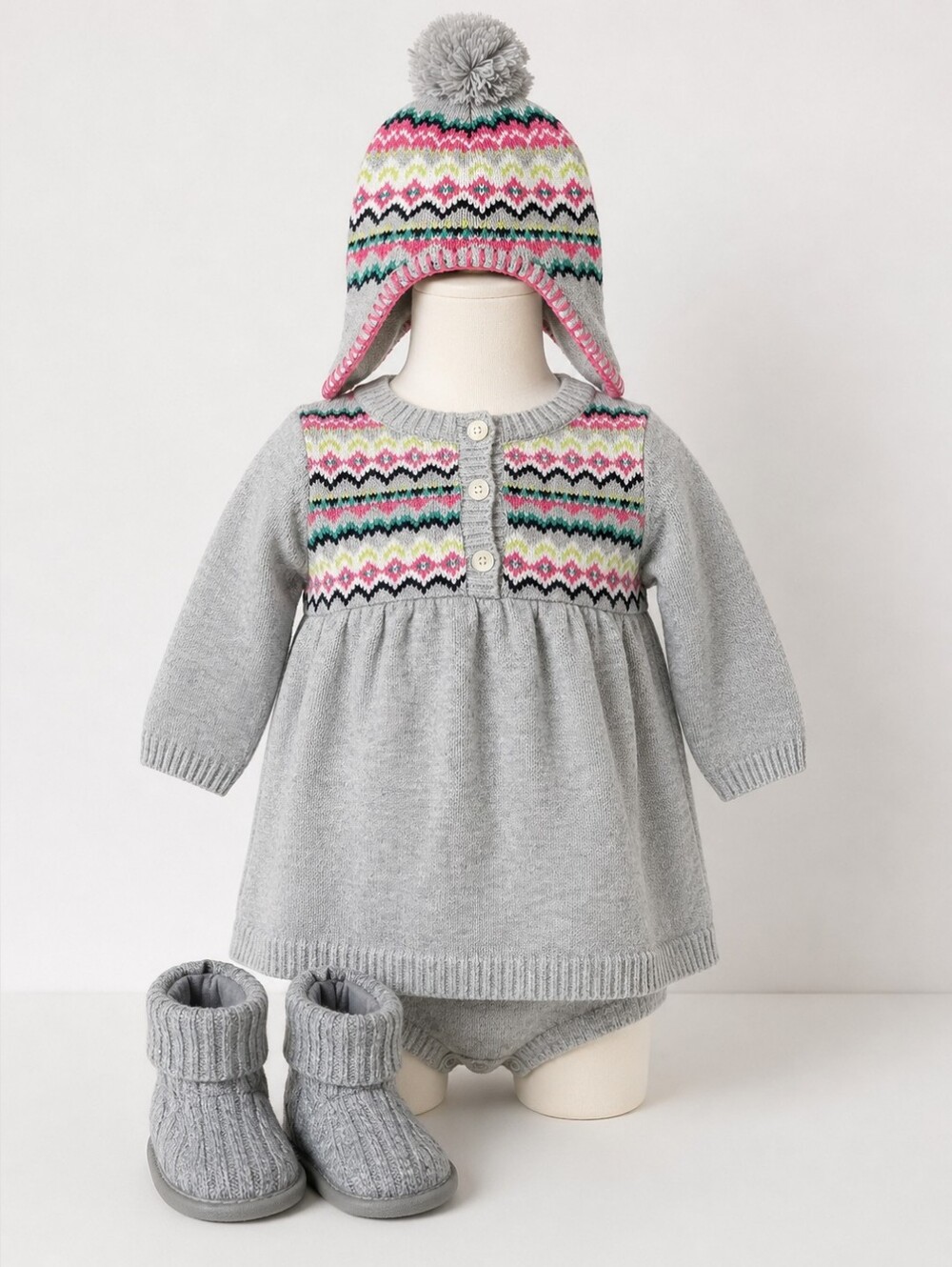 Carter’s | Baby Girl Fair Isle Sweater Dress Outfit Set w/ Hat, Booties & Socks - Picture 6 of 15